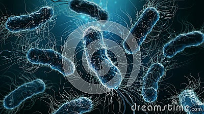 Colony of bacteria close-up 3D rendering illustration on blue background. Microbiology, medical, biology, science, medicine, Cartoon Illustration