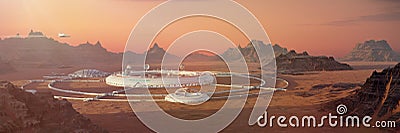 Colony on Mars, first martian city in desert landscape on the red planet 3d space illustration banner Stock Photo