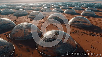 Colony on mars like planet. Glass domes in a middle of desert of Mars. Futuristic agricultural community. Generative AI Stock Photo