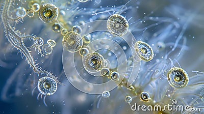 A colony of spirotrich protozoa recognizable by their elongated spiralshaped bodies feeding on bacteria and other Stock Photo