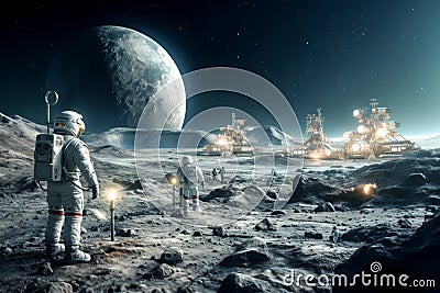 colony and technological installations on the moon. generated with ai Stock Photo