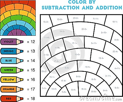 Color by addition and subtraction, education game for kids, Rainbow Vector Illustration