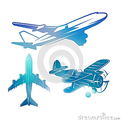 Color airplane symbols, logotypes, illustrations. Aviation stamps Vector Illustration