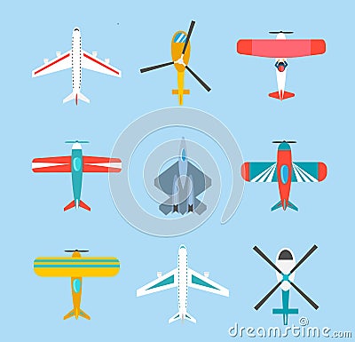 Color airplanes and helicopters icons set Vector Illustration