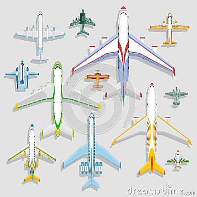Vector airplanes icons top view vector illustration isolated on background. Travel by airport flight vacation transport Vector Illustration