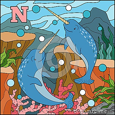 Color alphabet for children: letter N (narwhal) Vector Illustration