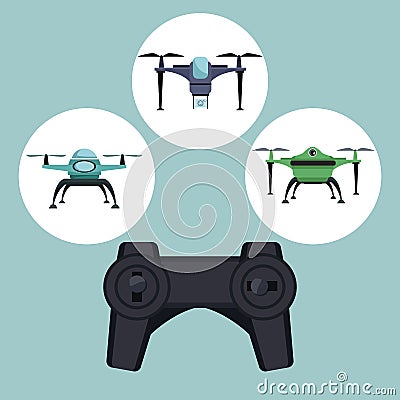 Color background with circular frame set icons of quadrocopters and drones with closeup remote control Vector Illustration