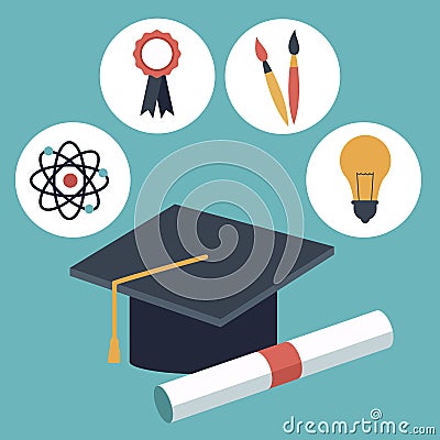 Color background with closeup graduation cap and certificated with elements academic in icons Vector Illustration