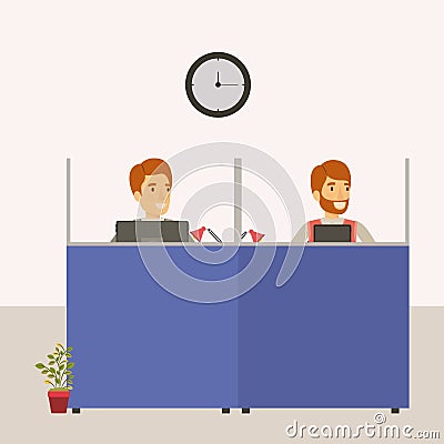 Color background cubicles workplace office with man employees Vector Illustration