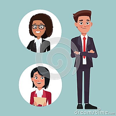 Color background with executive man with formal suit and circular frame with woman characters for business Vector Illustration