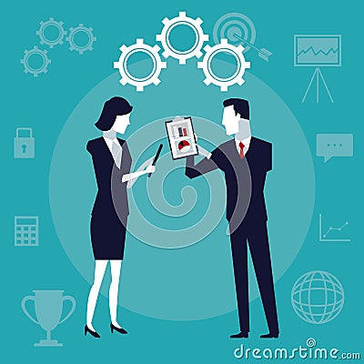 Color background with executive people with gears mechanism and table pad with graphics Vector Illustration