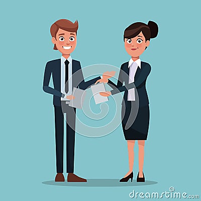 Color background full body set couple of woman collected hair and man with documents Vector Illustration