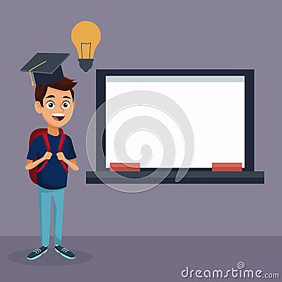 Color background with full body student boy with chalk board and idea concept light bulb Vector Illustration