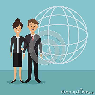 Color background with globe map shape of full body couple of the world diversity Vector Illustration