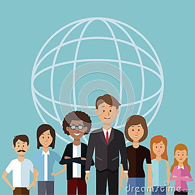 Color background with globe map shape of half body group people of the world diversity Vector Illustration