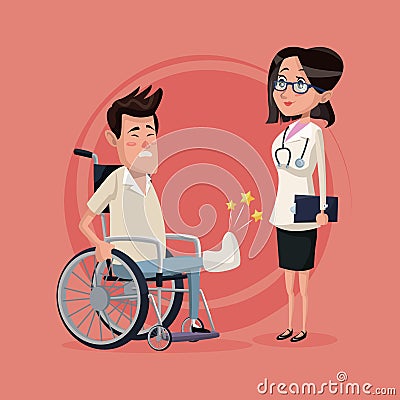 Color background with handicapped man in wheelchair and woman specialist doctor Vector Illustration