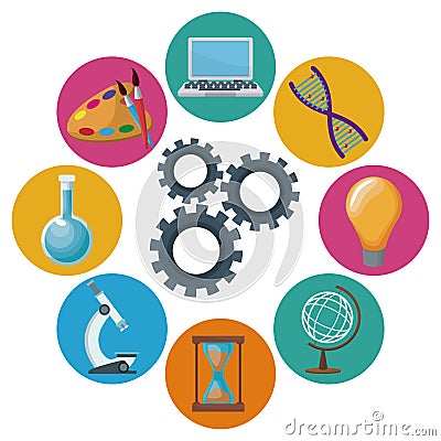 Color background mechanism gears with icons academic knowledge around Vector Illustration