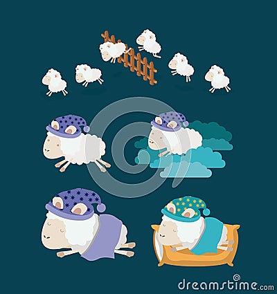 Color background with set sheep sleep time icons Vector Illustration