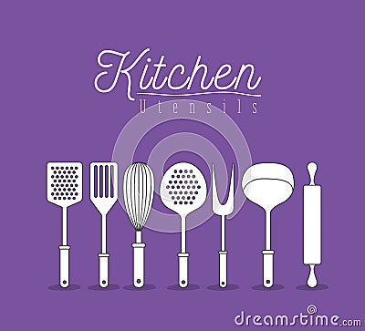 Color background with silhouette set collection kitchen utensils Vector Illustration