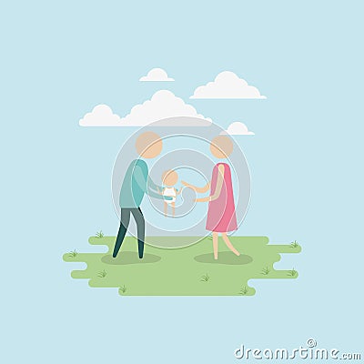 Color background sky landscape and grass with silhouette set pictogram man carrying a baby and woman Vector Illustration