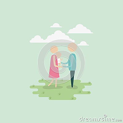 Color background sky landscape and grass with silhouette set pictogram woman carrying a baby and holding hands of man Vector Illustration