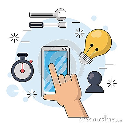 Color background with smartphone and hand in close up with icons of watch timer and tools and light bulb and chat Vector Illustration