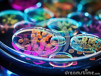 Color Bacteria Culture in a Petri Dish, Microorganisms, Petri Dish and Culture Media with Bacteria Stock Photo