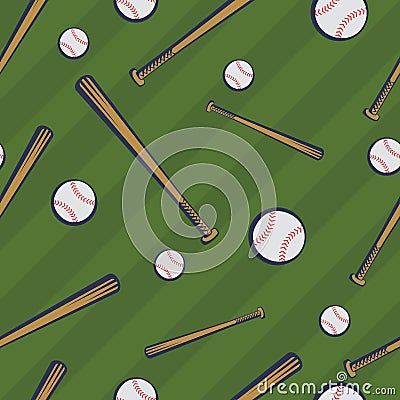 Color baseball seamless pattern with baseball bats and baseball balls on green field background Cartoon Illustration