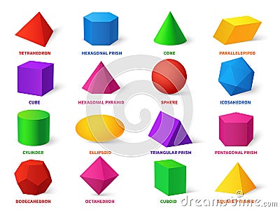 Color basic shapes. Realistic 3d geometric forms cube and ellipsoid, cylinder and sphere, cone and pyramid, learning Vector Illustration