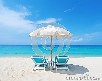 The color beach beds umbrella is on the ocean shore in the summer. Cartoon Illustration