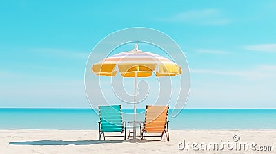 Color beach beds, umbrella and white sand on ocean shore in summer, generative AI Stock Photo