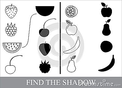 Color berries and fruits and find the correct shadow. Game for children. Vector Illustration