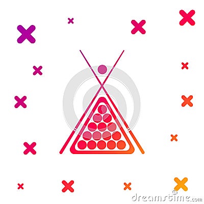Color Billiard cue and balls in a rack triangle icon isolated on white background. Gradient random dynamic shapes Vector Illustration