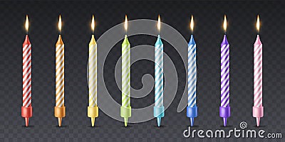 Color birthday candles. Realistic isolated elements. Celebration cake and cupcake decor. Striped rainbow colors paraffin Vector Illustration