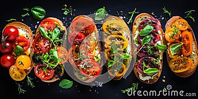 Color Bruschetta, Italian Baguette with Red and Yellow Tomatoes, Basil, Healthy Mediterranean Toast Stock Photo