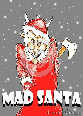 Color caricature illustration of Mad Santa Claus with word `Mad Santa` under him Cartoon Illustration