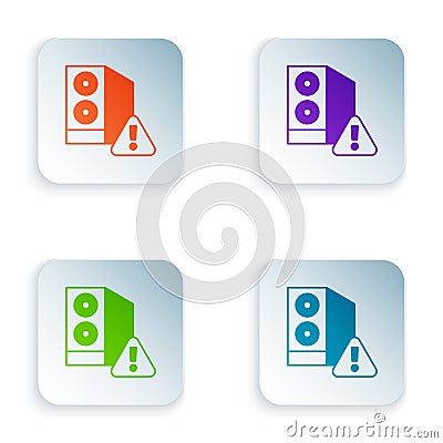 Color Case of computer with exclamation mark icon isolated on white background. Computer server. Workstation. Set Vector Illustration