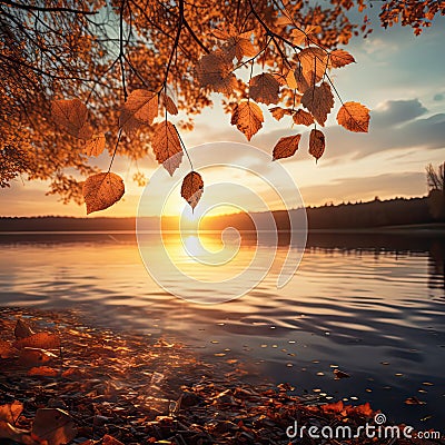 Color changing autumn leaves during sunset in the lake Stock Photo