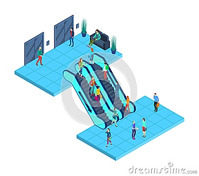 Color Characters People and Escalator Concept. Vector Vector Illustration