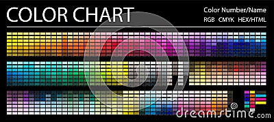 Color Chart. Print Test Page. Color Numbers or Names. RGB, CMYK, HEX HTML codes. Vector color palette Cartoon Illustration