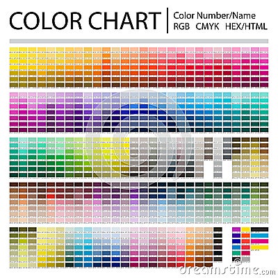 Color Chart. Print Test Page. Color Numbers or Names. RGB, CMYK, Pantone, HEX HTML codes. Vector color palette Cartoon Illustration