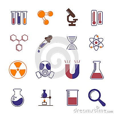 Color chemistry, research and science vector icons Vector Illustration