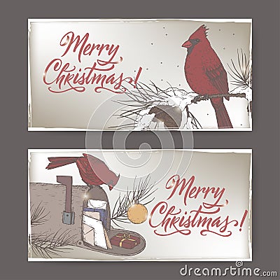 2 color Christmas banners with cardinal birds, mailbox, pine branch and holiday brush lettering Vector Illustration