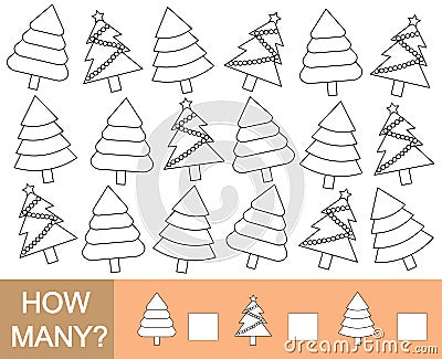 Color Christmas tree and count how many. Mathematical game for c Vector Illustration