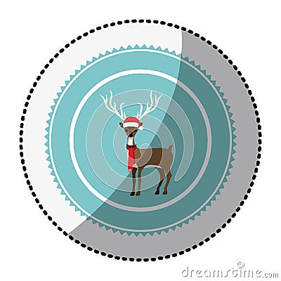 Color circle with middle shadow sticker with reindeer with scarf Vector Illustration