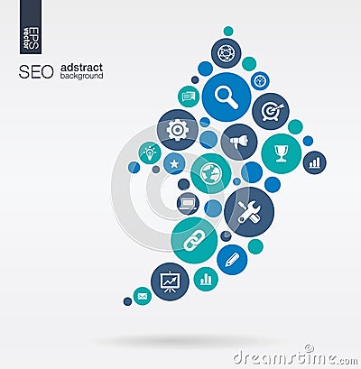Color circles, flat icons in an arrow up shape: technology, SEO, network, digital, analytics, data and market concepts. Vector Illustration