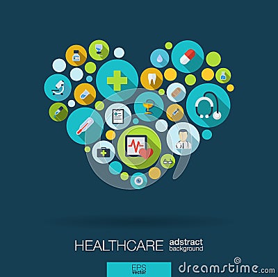 Color circles with flat icons in a heart shape for medicine, medical, health, cross, healthcare concepts. Vector Illustration