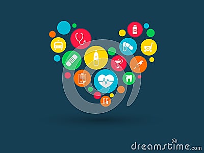 Color circles with flat icons in a heart shape: medicine, medical, strategy, health, cross, healthcare concepts Vector Illustration