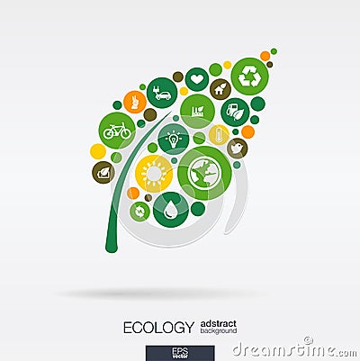 Color circles, flat icons in a leaf shape: ecology, earth, green, recycling, nature, eco car concepts. Abstract background Vector Illustration