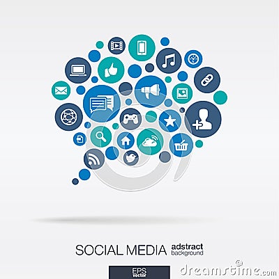 Color circles, flat icons in a speech bubble shape: technology, social media, network, computer concept. Abstract background Vector Illustration